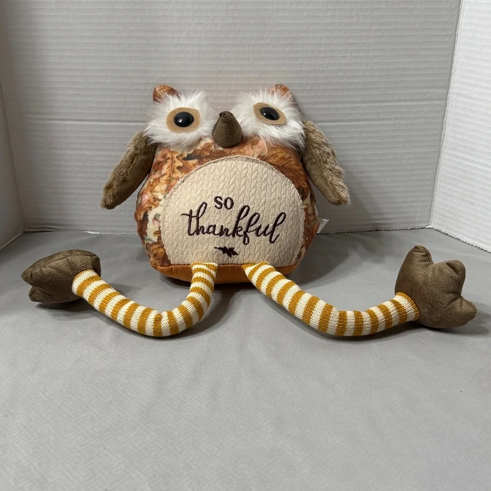 So Thankful Owl Plush Shelf Sitter with Striped Legs Big Eyes Furry Fall Colors